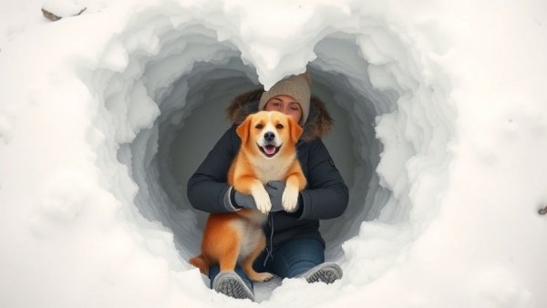 Travel with dog in snowy heart-shaped cave, joyful winter moment.
