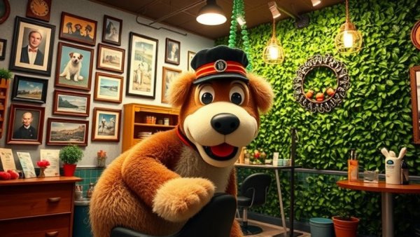 Quirky dog grooming salon with vibrant decor, travel with dog.