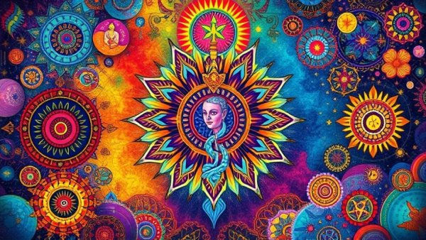 Colorful abstract artwork with spiritual symbols and patterns