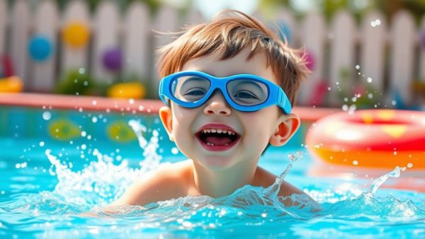 Young child with blue goggles smiles while playing in pool.