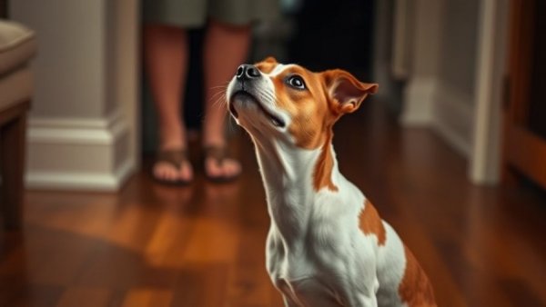 Curious Jack Russell Terrier staring up at owner, indoors.