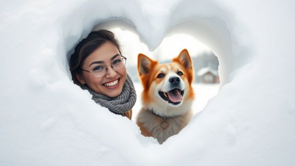 Travel with dog in snowy heart-shaped scene.