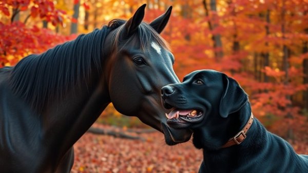 Traveling with dogs: Horse and Labrador in autumn forest