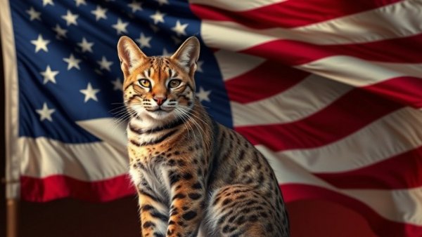 American bobcat with flag, heartwarming scene, photorealistic style