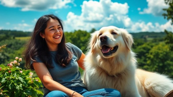 Woman enjoying travel with dog in scenic outdoors.
