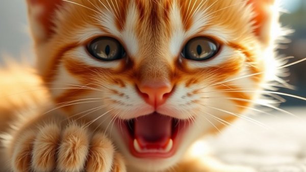 Excited ginger kitten with open mouth and tiny claws.
