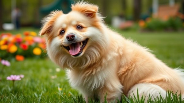 Fluffy dog playfully head-tilting in a sunny park