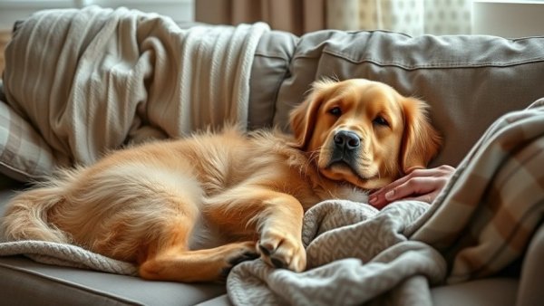 Travel with dog: relaxed golden retriever lounging indoors.