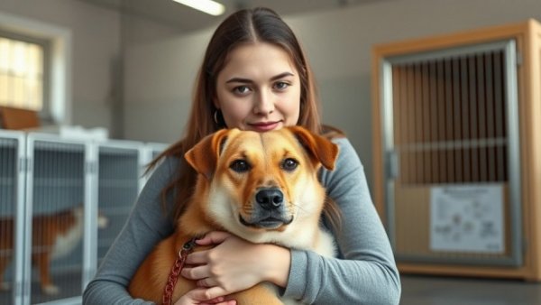 Woman with rescued dog from suspected dogfighting, indoors.