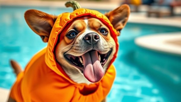 Funny pet moment with dog in pumpkin suit by the pool.