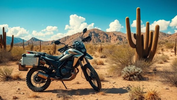 Adventure motorcycle parked in desert landscape with cacti under blue sky, travel with dog.