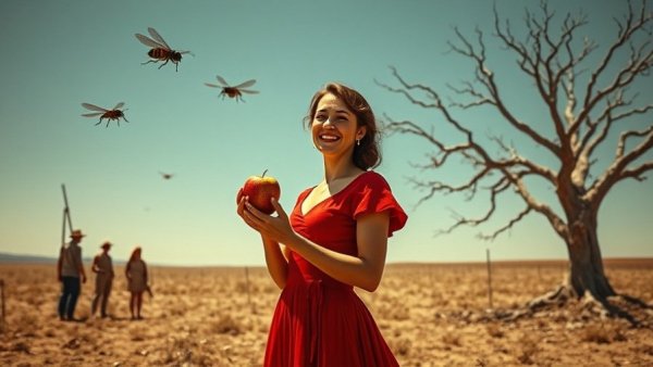 Retro surreal poster featuring woman and figures in field.