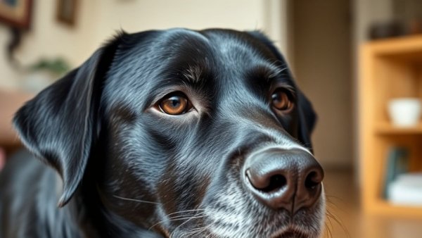 Elderly black dog showing dog dementia symptoms in close-up.