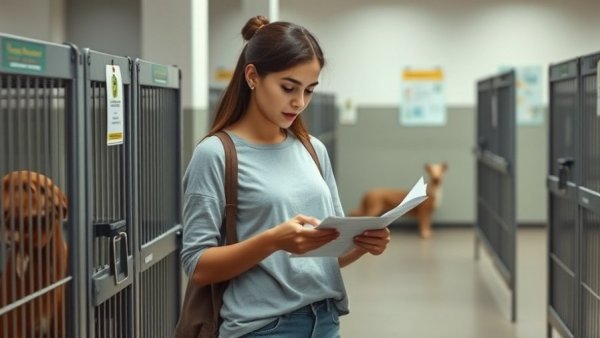 Young woman working in animal welfare center, reading notes.