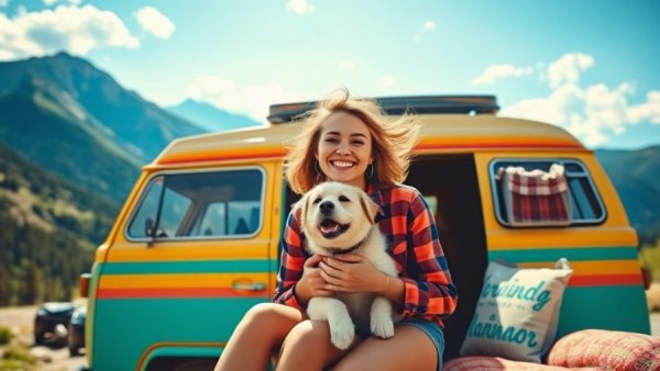 Young woman traveling with dog in colorful camper van, mountain view