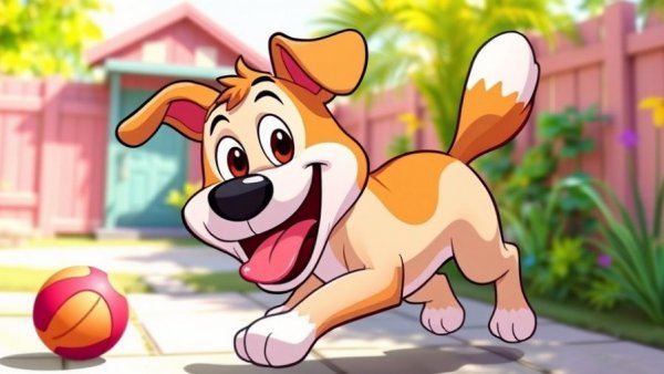 Playful cartoon dog enjoying funny stuff in a colorful scene.