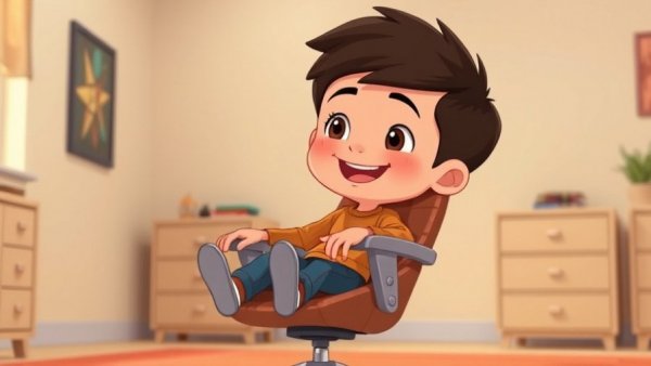 Animated young boy sitting on chair indoors, cartoon style.