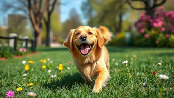 Golden retriever enjoying a sunny park day, Canine Companionship and Adoption Stories.