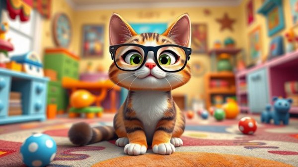 Funny pet cartoon cat wearing glasses, surrounded by toys and bright decor.
