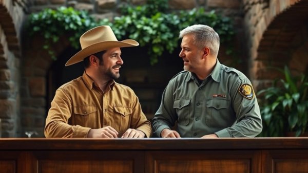 People joking behind a table at a wildlife sanctuary, pranks and pets.