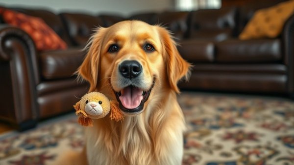 Adorable dog with toy in a cozy living room. Travel with dog.