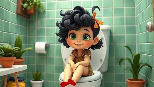 Cartoon girl in bathroom with playful smile, colorful 3D style.