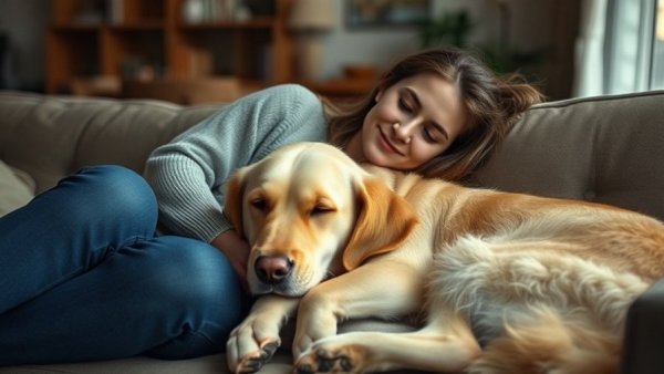 Relaxed woman and golden retriever resting, travel with dog at home.