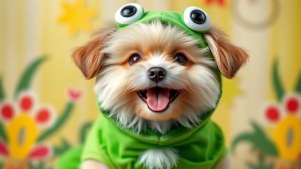 Fluffy dog in a frog costume, cheerful look, travel with dog concept.