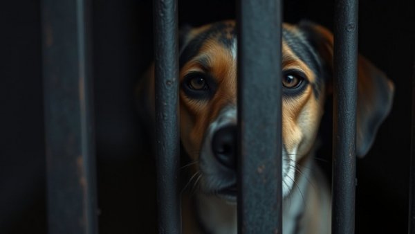 Sad dog behind bars highlighting 'Why Adoption Matters'.