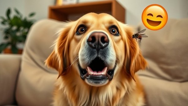 Funny pet stuff: golden retriever hilariously surprised by fly.