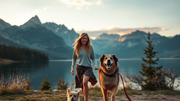 Couple enjoying travel with dog by a mountain lake.
