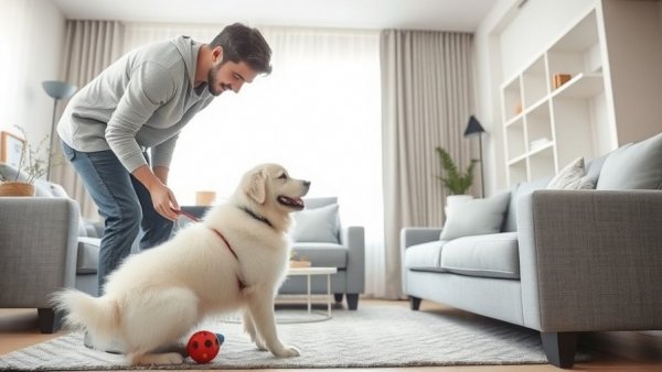 Friendly interaction in cozy living room, travel with dog theme.
