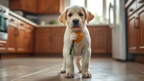 Adorable Labrador puppy holding toy in a cozy kitchen, perfect for travel with dog ideas.