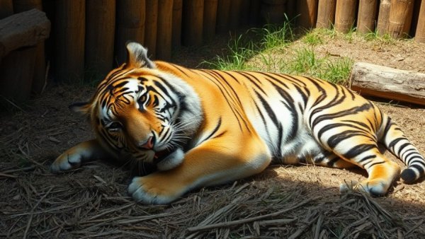 Dehydrated tiger resting in enclosure under sunlight.