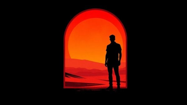 Abstract sunset silhouette art with person in archway.
