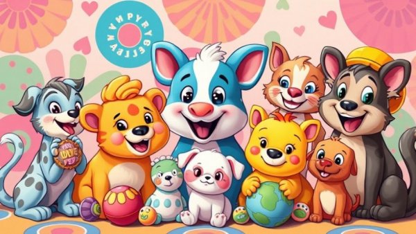 Funny Pet Stuff: Cartoon animals playing joyfully with colorful toys.