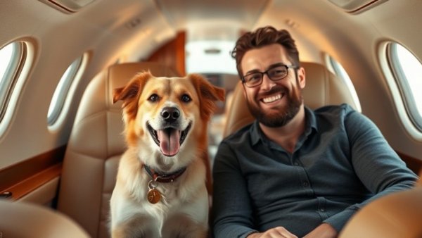 Travel with dog in private jet; happy man with a dog on a plane.