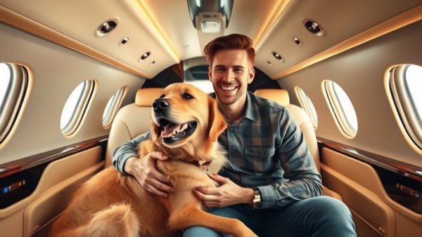 Young man traveling with dog in a private jet, joyful interaction.