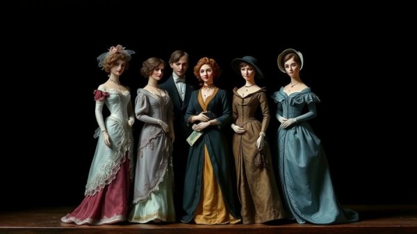 Victorian figurines in artistic scene, travel with dog theme.