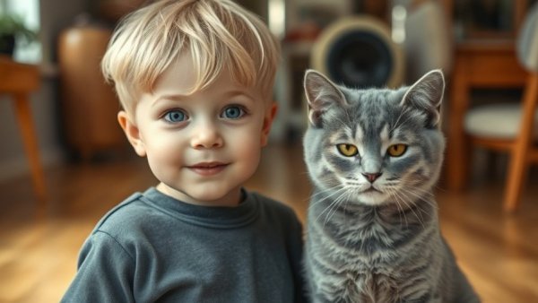 The Heartwarming Bond Between Pets and Their Owners captured in a boy and his cat.