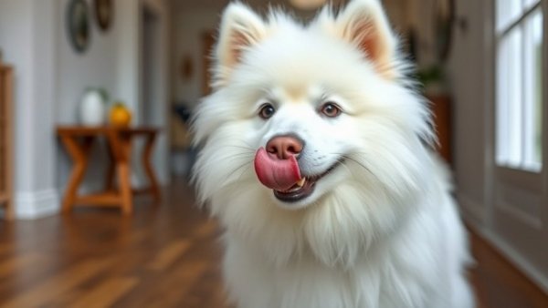 Fluffy white dog indoors playfully licking nose, travel with dog