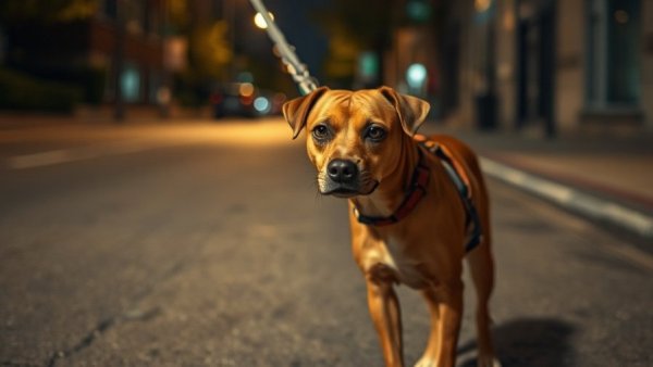 Anxious dog on a leash, overcoming fear with dogs, dimly lit street.