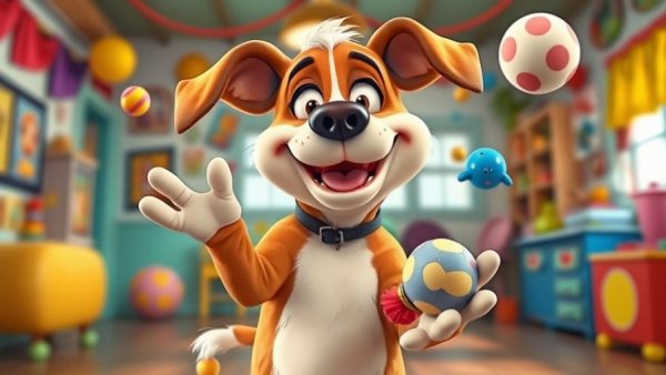 Funny Dog Stuff cartoon dog juggling toys indoors, vibrant colors.