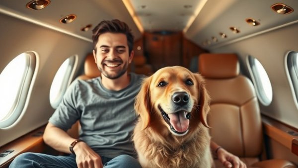 Young man and golden retriever enjoying flight, travel with dog on private jet.