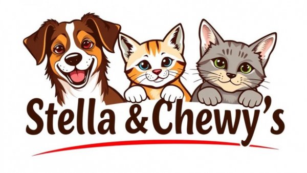 Stella & Chewy's logo with dogs and cat.