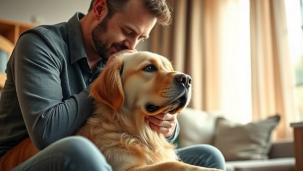 Man comforting sick golden retriever, showing sick dog symptoms in a cozy living room.