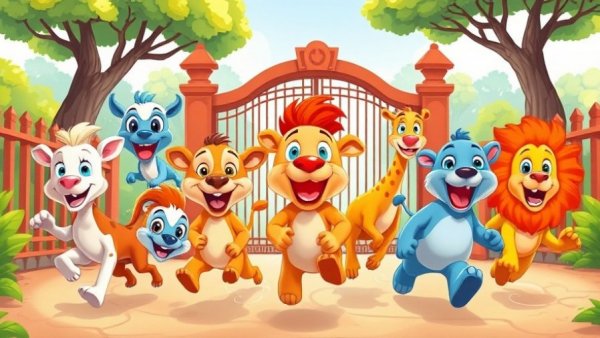 Funny animal videos, animated zoo animals joyfully running in cartoon.