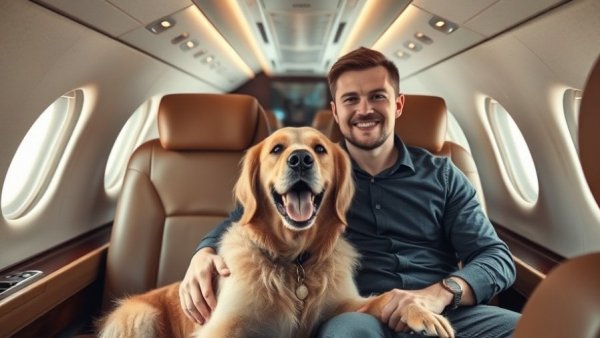 Man traveling with dog in luxury airplane, photorealistic.