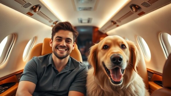 Travel with dog in luxury private jet cabin.