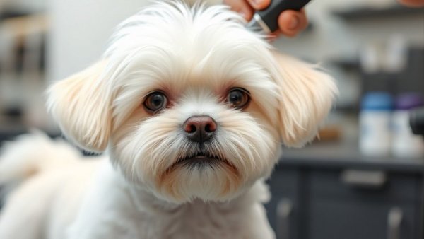 Maltese dog haircuts in a grooming salon, pet getting a trim.